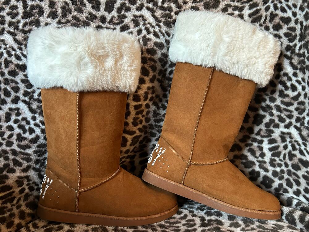 Juicy Couture J-Katy Womens Size 10 Cognac Faux Fur Rhinestone Tall Boots